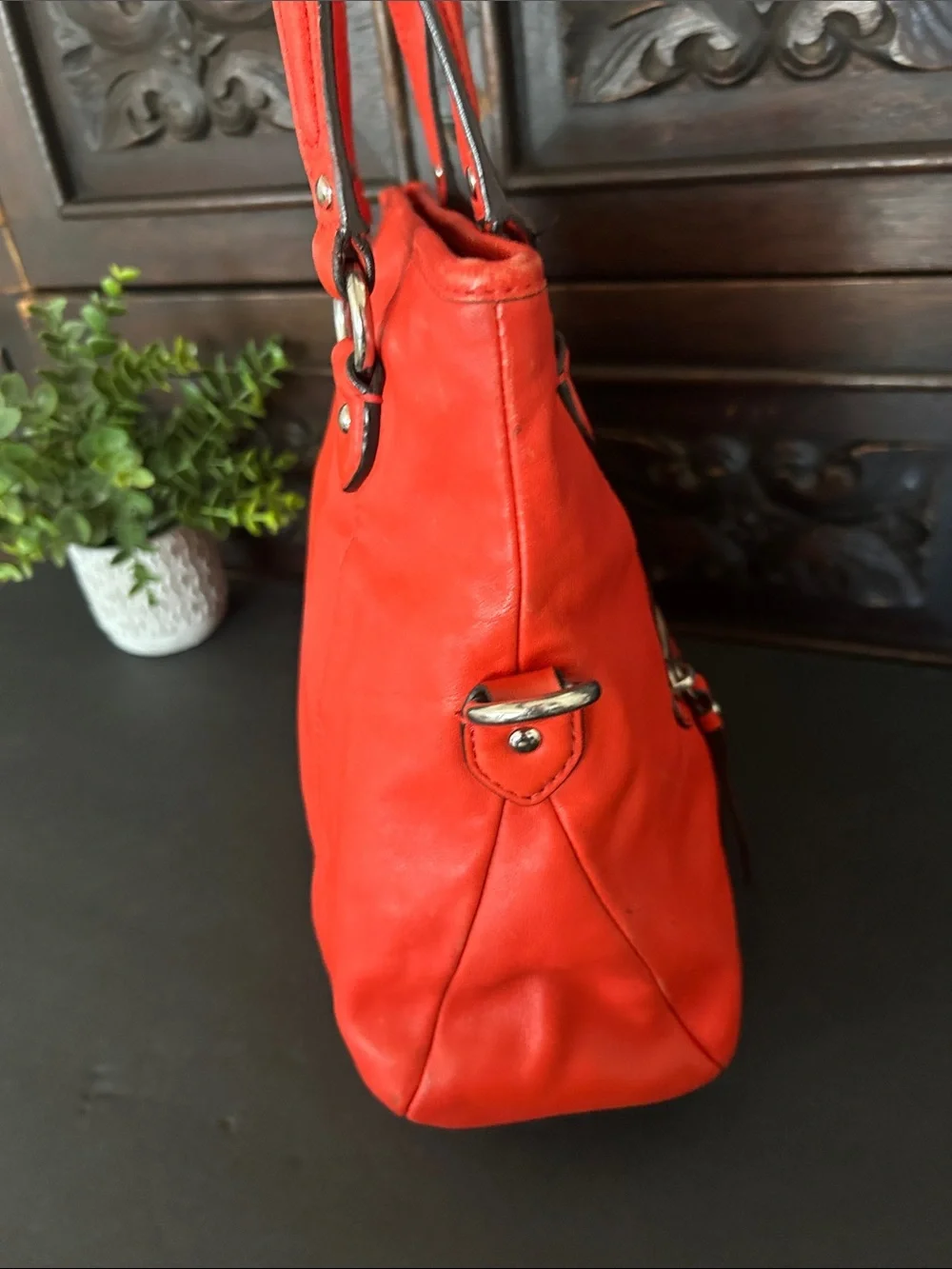 Coach Orange-Red Leather Shoulder Tote with Front Zip Pocket
